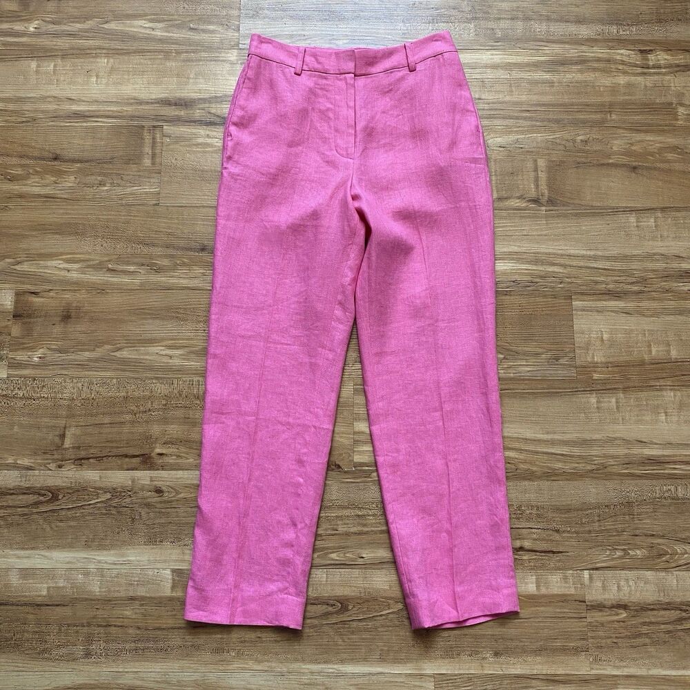Boden 4 Kew Pink Linen High Rise Straight Ankle Office Chic Pants Sangria Sunset